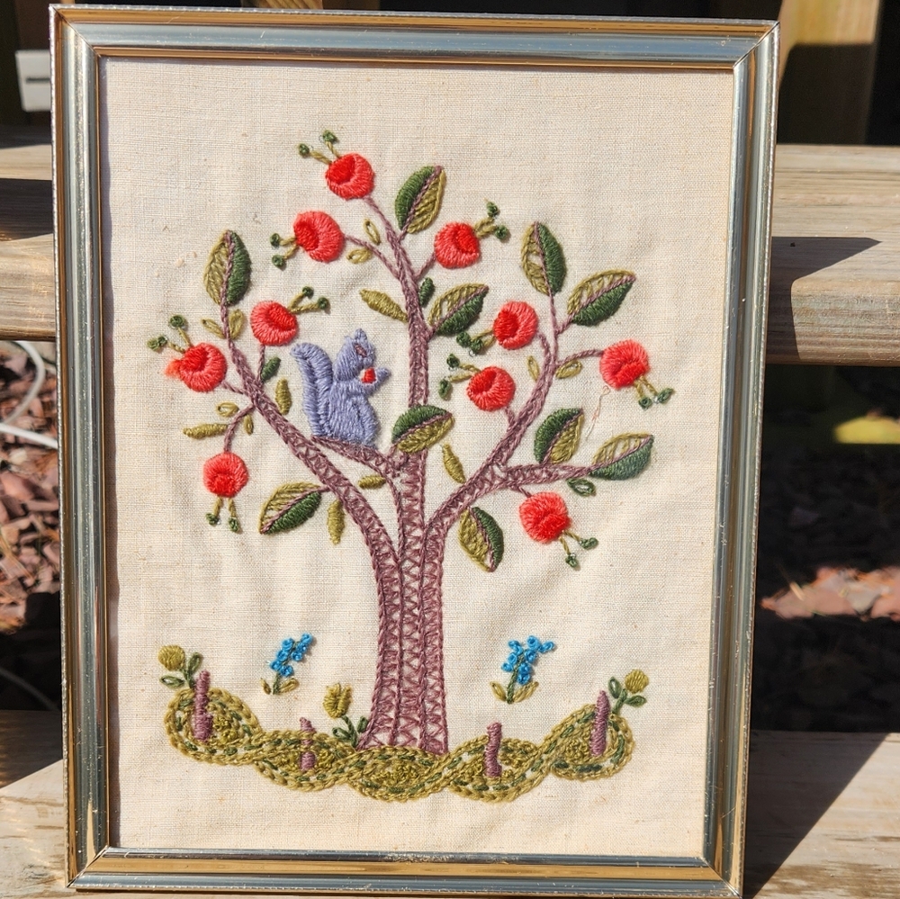 Copy Handcrafted Tree Embroidery Art with Red and Green Accents VINTAGE 8"x10"